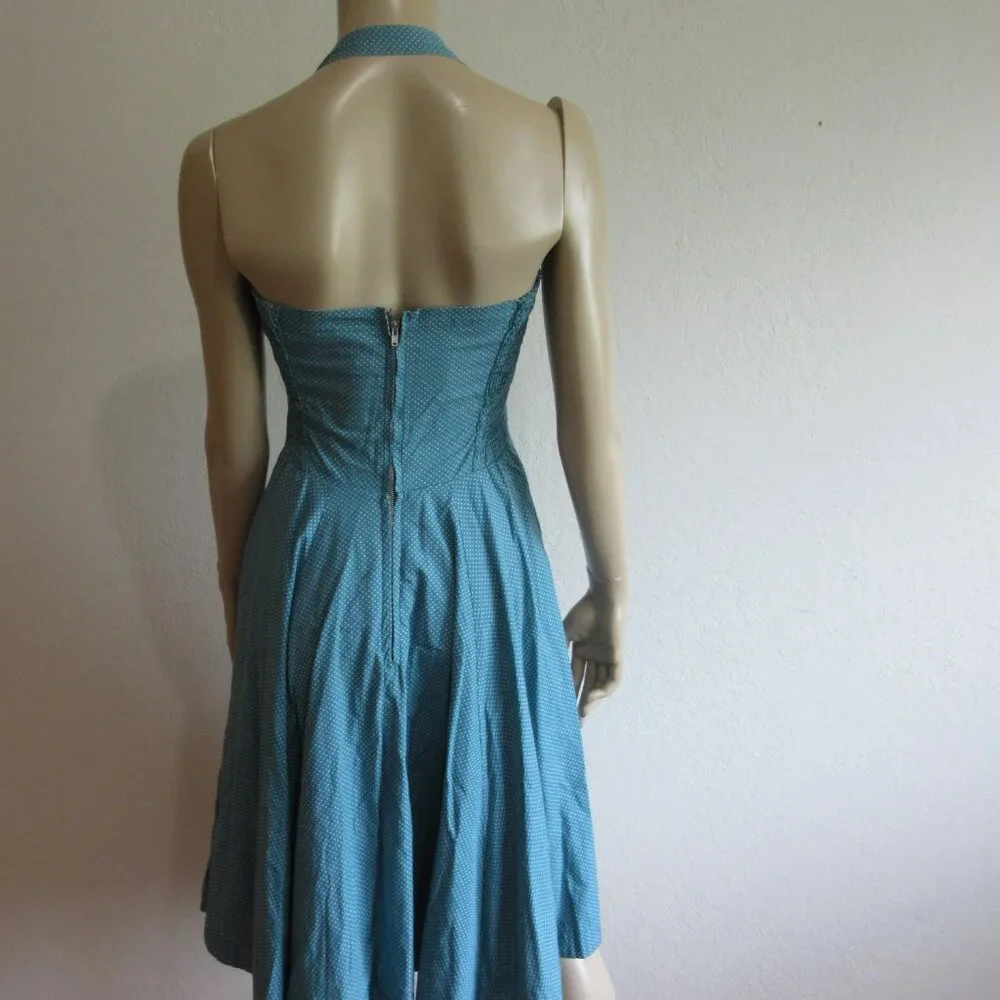 Girls from Savoy Green Microdot 2 Retro 60's Halter Fit & Flare Dress - Picture 3 of 5